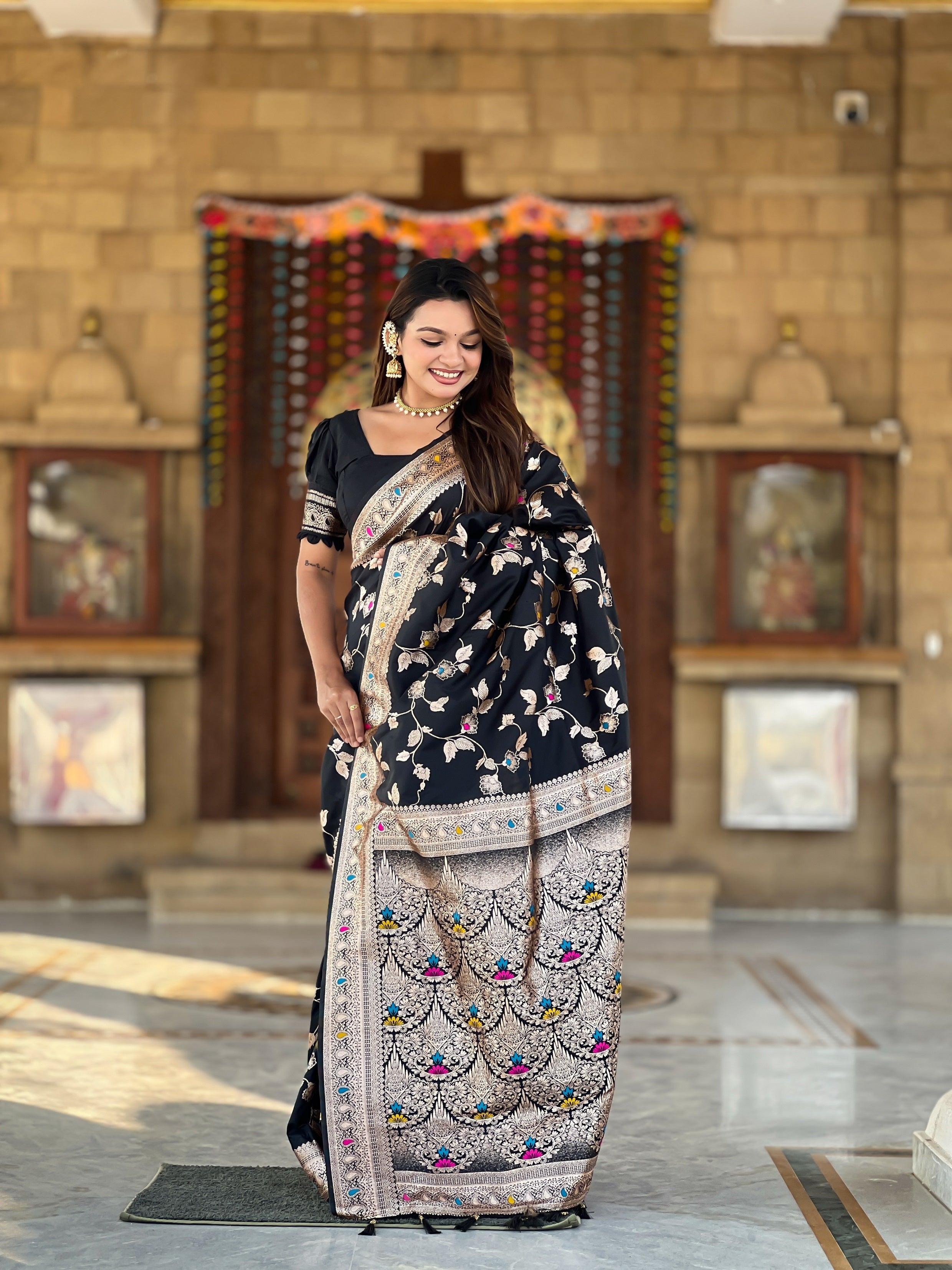 Vedant Vastram Soft Litchi Silk Banarasi Silk Jacquard Saree - Black | Grocsy