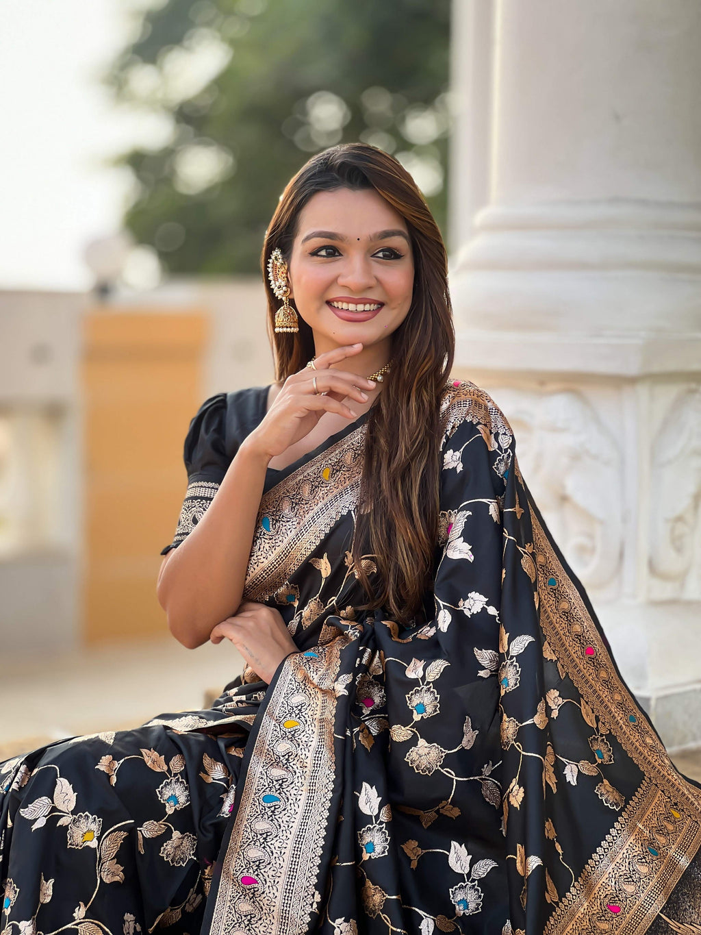 Vedant Vastram Soft Litchi Silk Banarasi Silk Jacquard Saree - Black | Grocsy