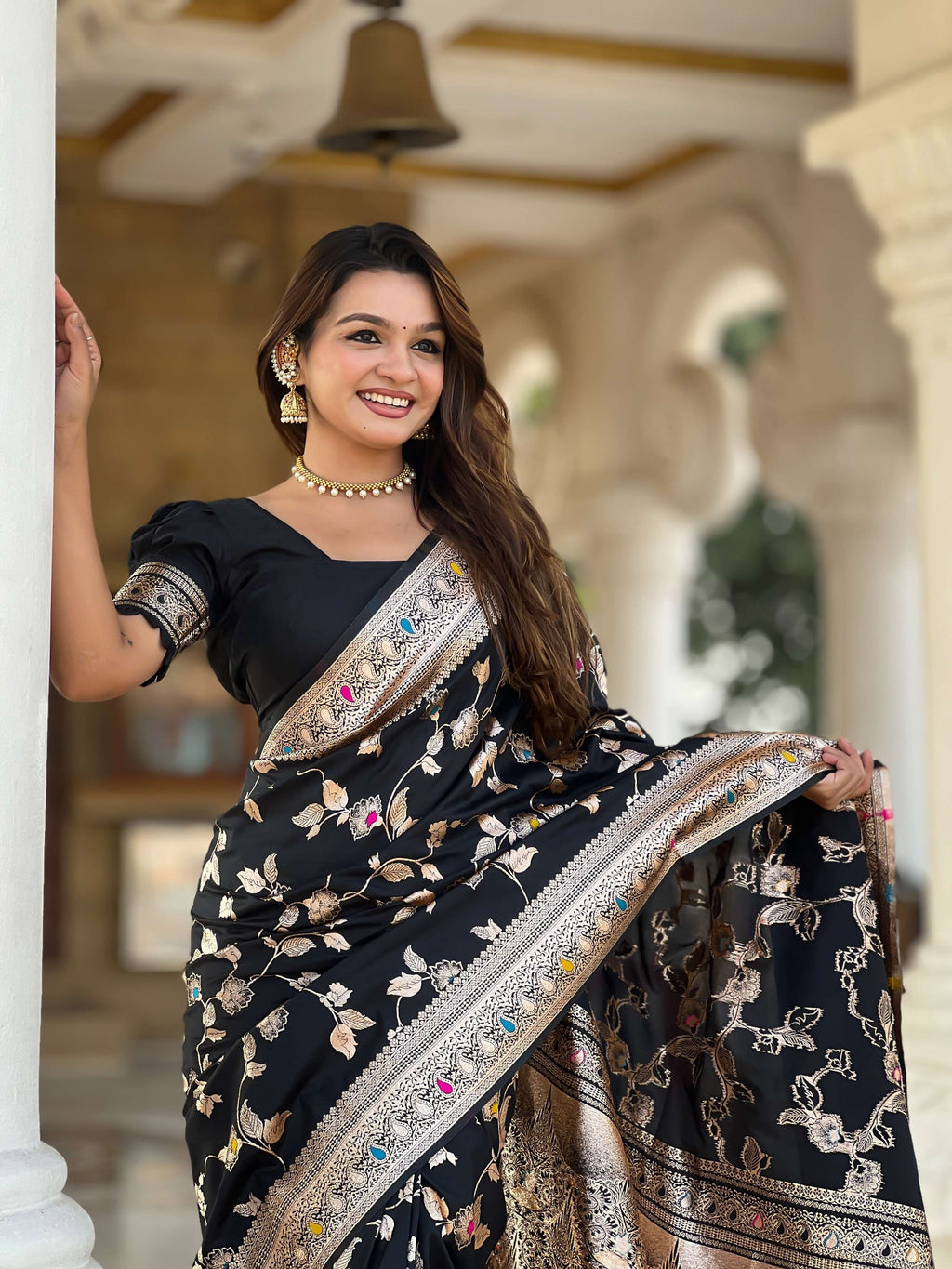 Vedant Vastram Soft Litchi Silk Banarasi Silk Jacquard Saree - Black | Grocsy