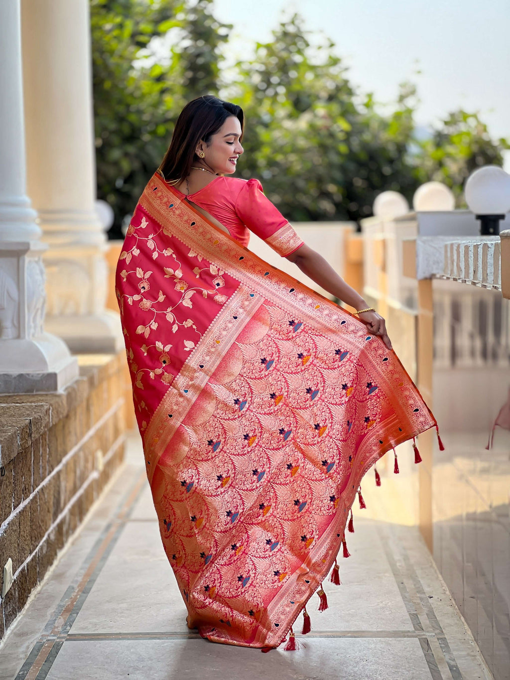 Vedant Vastram Soft Litchi Silk Banarasi Silk Jacquard Saree - Gajri | Grocsy