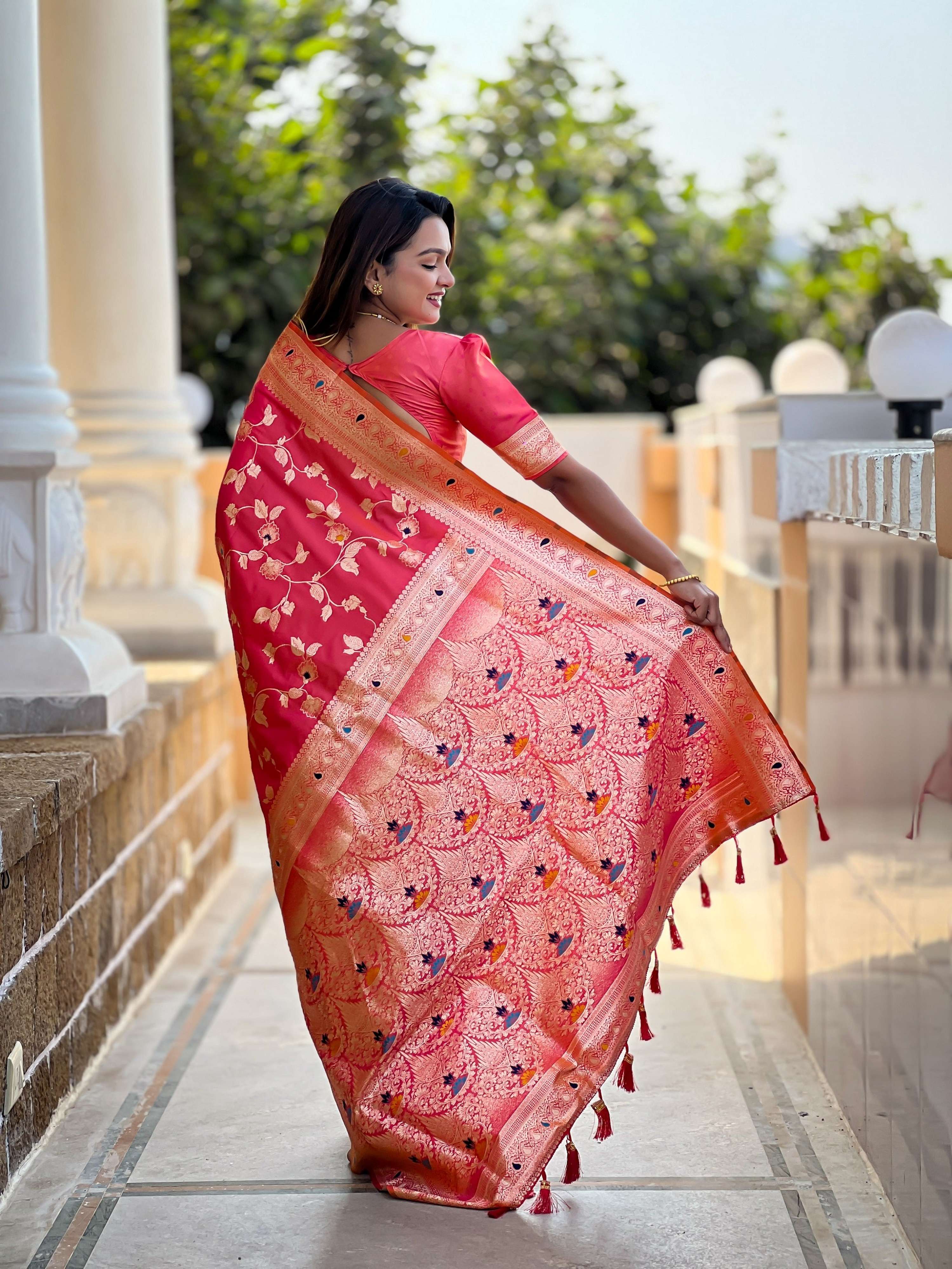 Vedant Vastram Soft Litchi Silk Banarasi Silk Jacquard Saree - Gajri | Grocsy