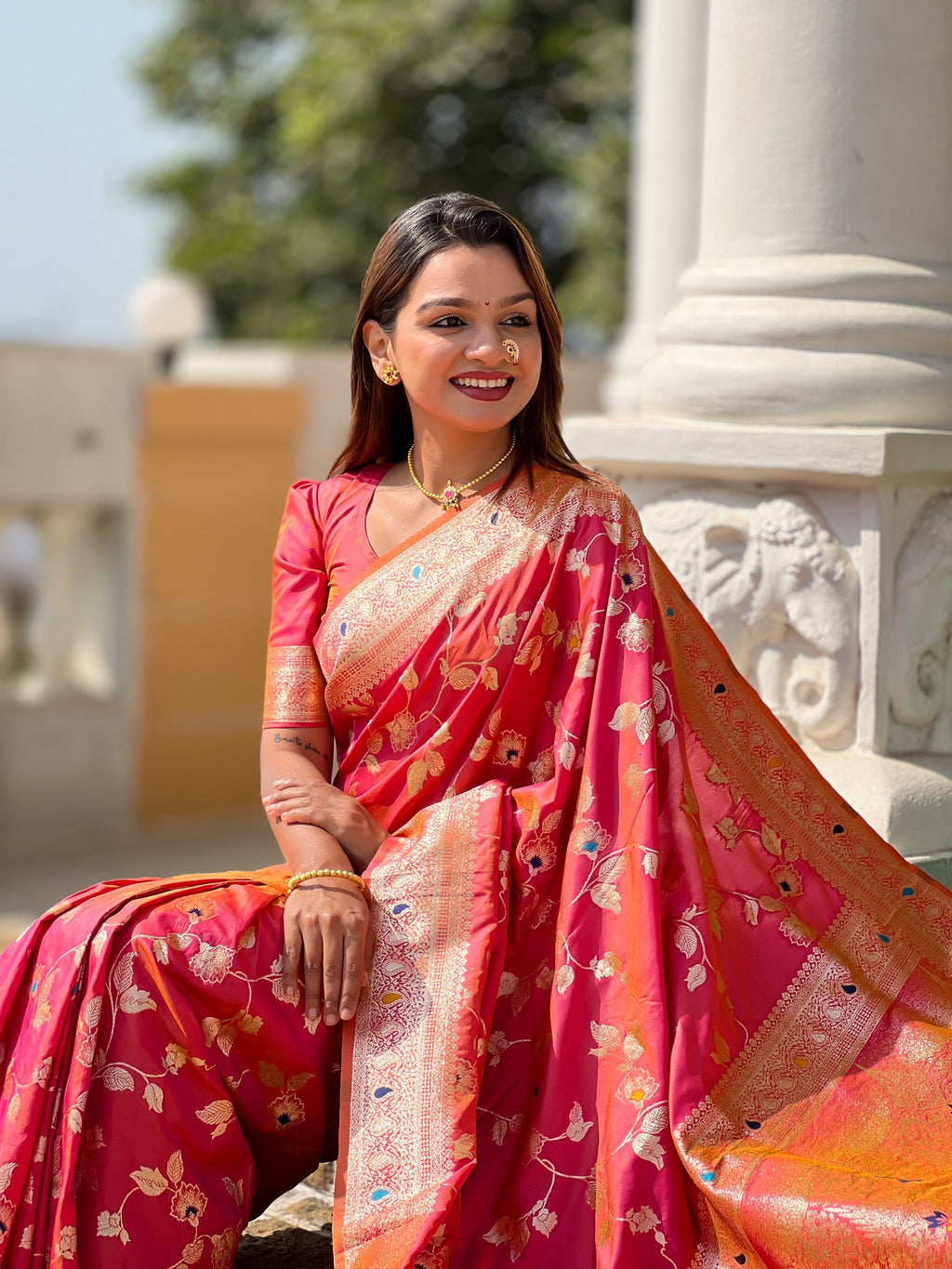 Vedant Vastram Soft Litchi Silk Banarasi Silk Jacquard Saree - Gajri | Grocsy