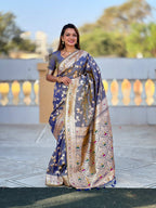 Vedant Vastram Soft Litchi Silk Banarasi Silk Jacquard Saree - Grey | Grocsy