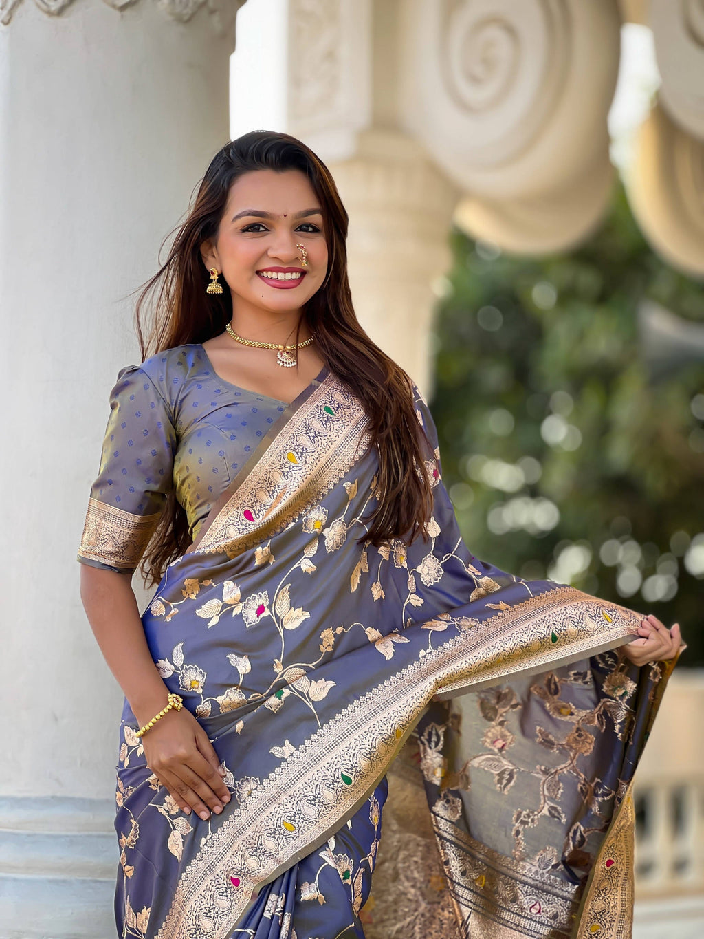 Vedant Vastram Soft Litchi Silk Banarasi Silk Jacquard Saree - Grey | Grocsy