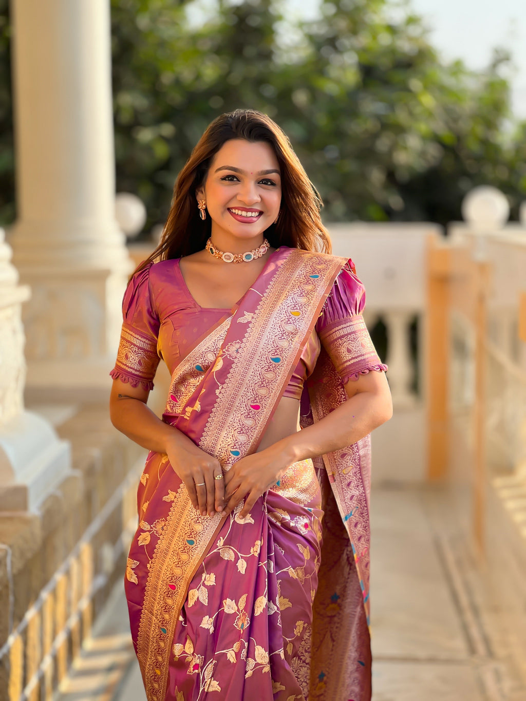 Vedant Vastram Soft Litchi Silk Banarasi Silk Jacquard Saree - Purple | Grocsy