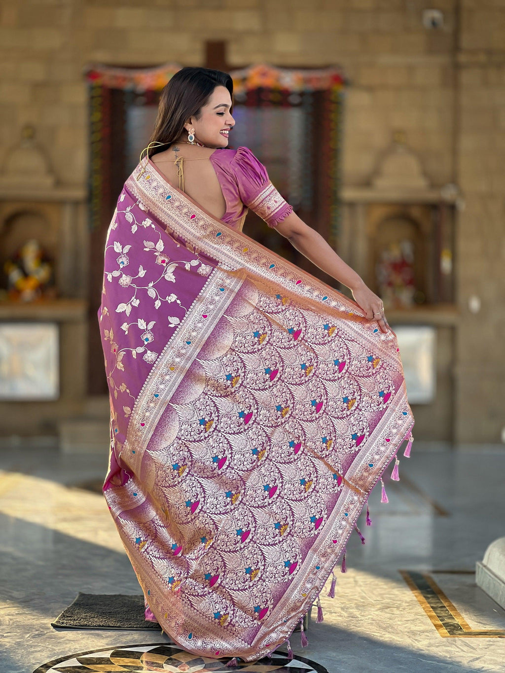 Vedant Vastram Soft Litchi Silk Banarasi Silk Jacquard Saree - Purple | Grocsy