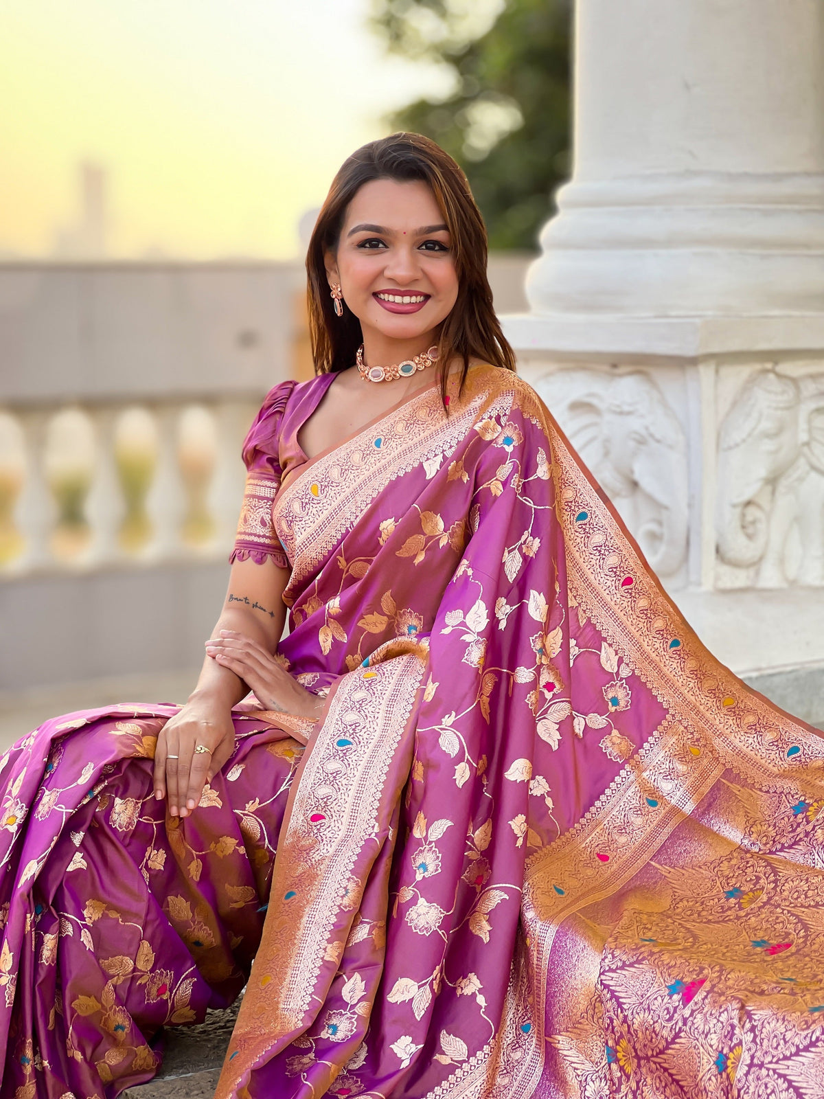 Vedant Vastram Soft Litchi Silk Banarasi Silk Jacquard Saree - Purple | Grocsy
