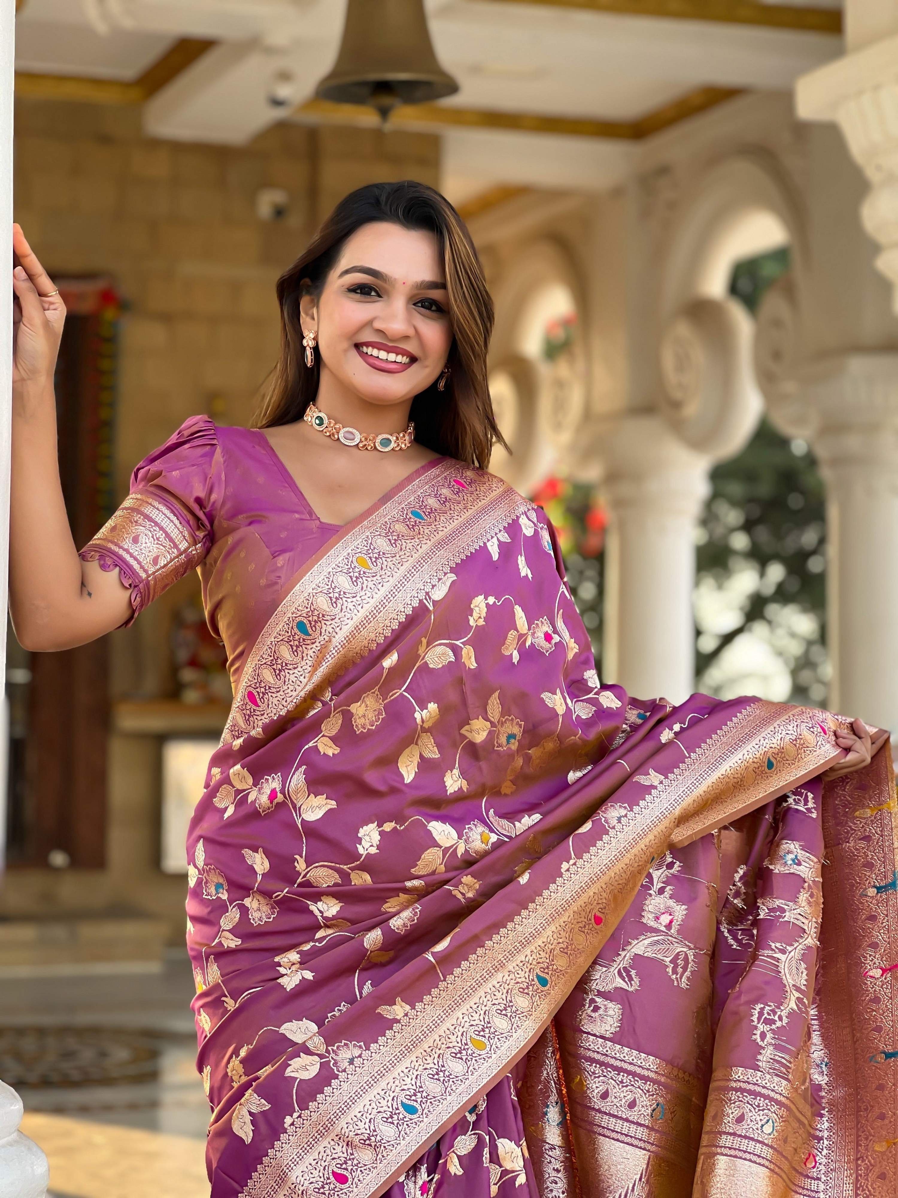 Vedant Vastram Soft Litchi Silk Banarasi Silk Jacquard Saree - Purple | Grocsy