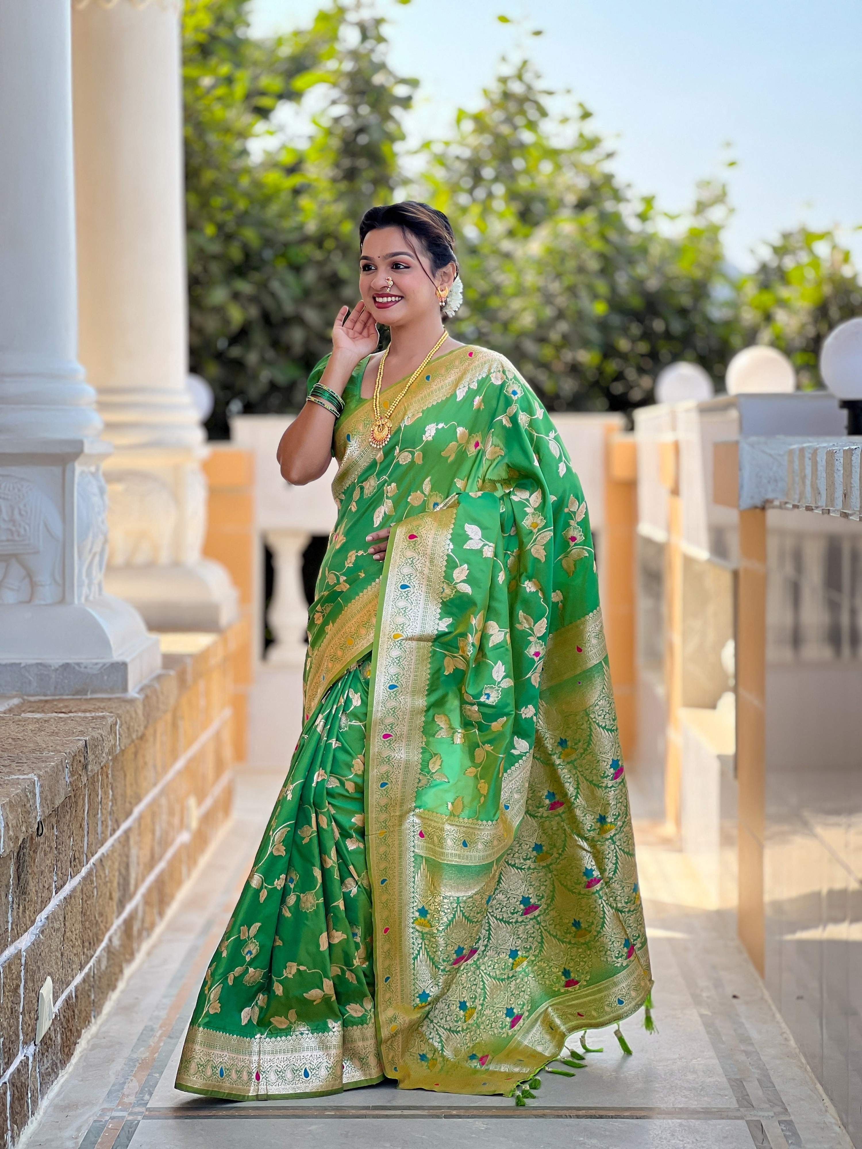 Vedant Vastram Soft Litchi Silk Banarasi Silk Jacquard Saree - Parrot | Grocsy