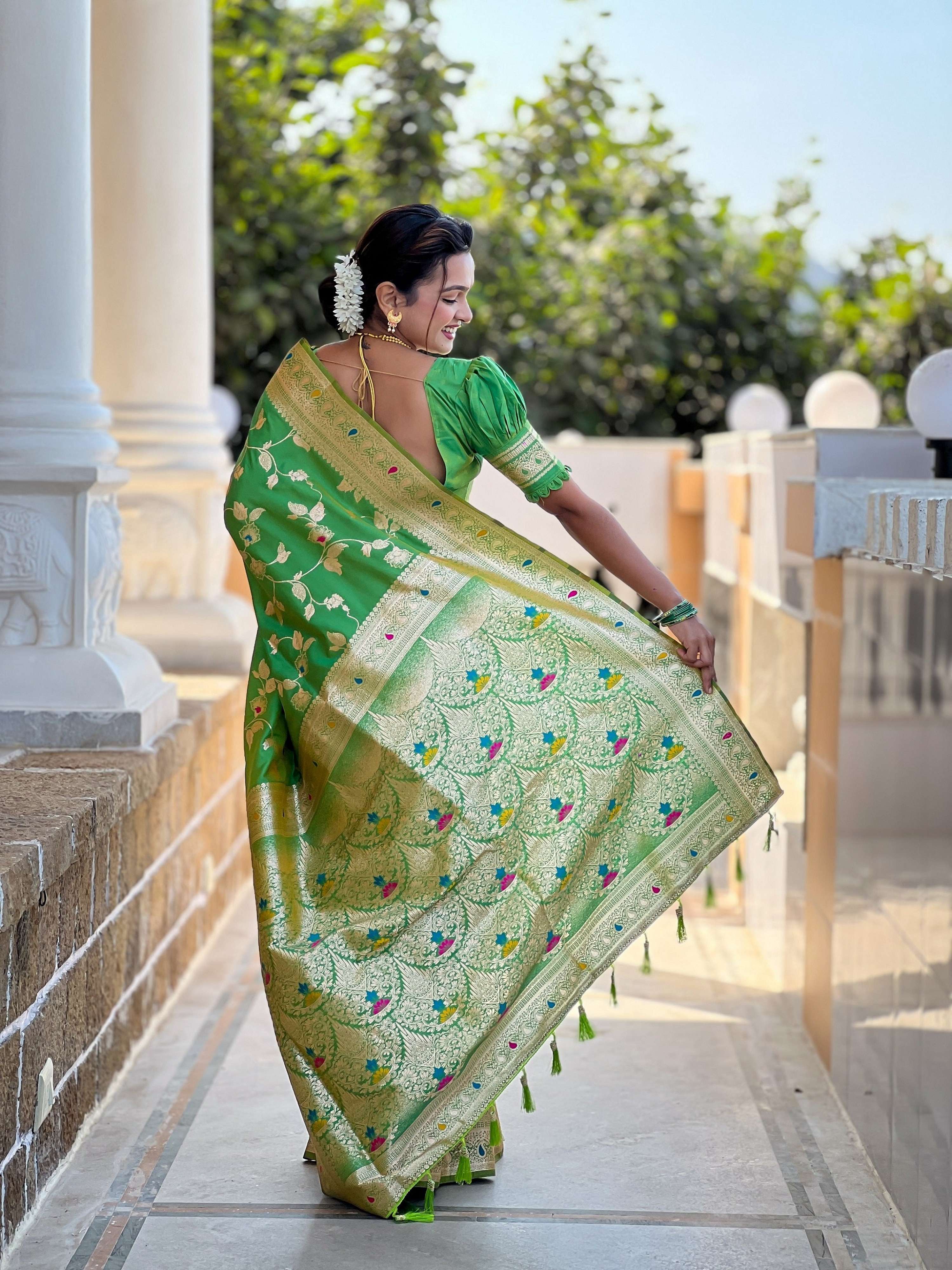 Vedant Vastram Soft Litchi Silk Banarasi Silk Jacquard Saree - Parrot | Grocsy