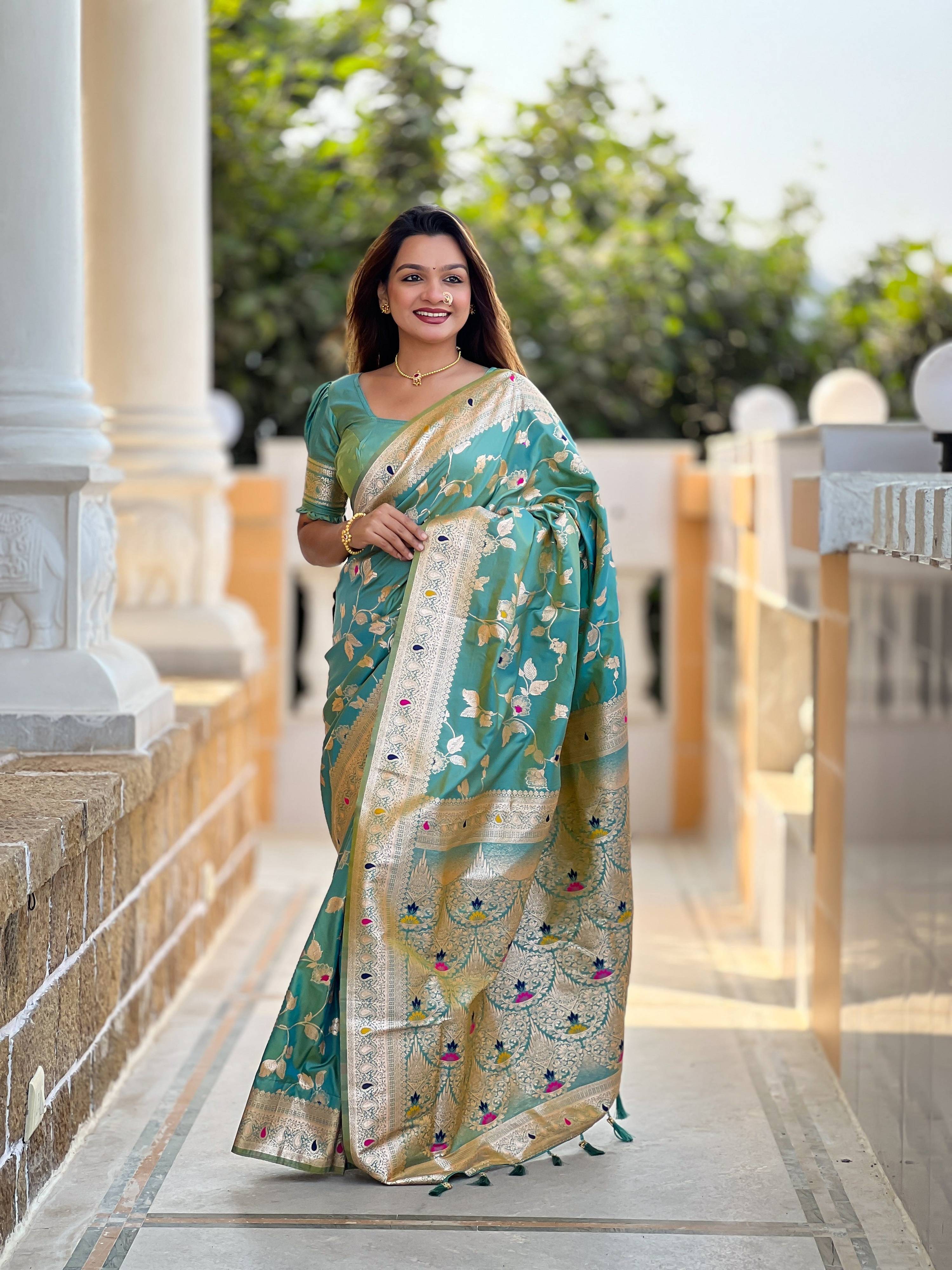 Vedant Vastram Soft Litchi Silk Banarasi Silk Jacquard Saree - Pista | Grocsy