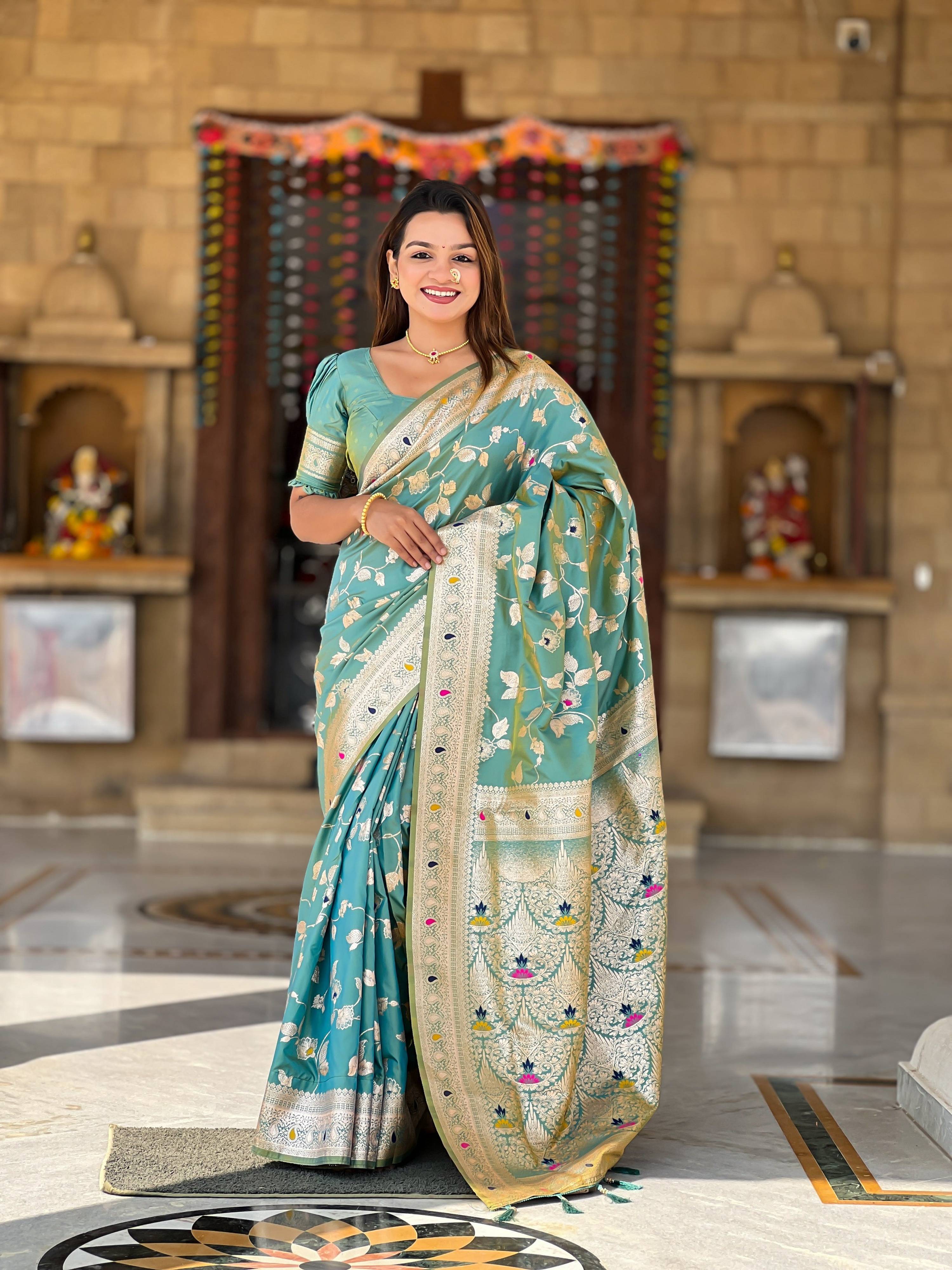 Vedant Vastram Soft Litchi Silk Banarasi Silk Jacquard Saree - Pista | Grocsy