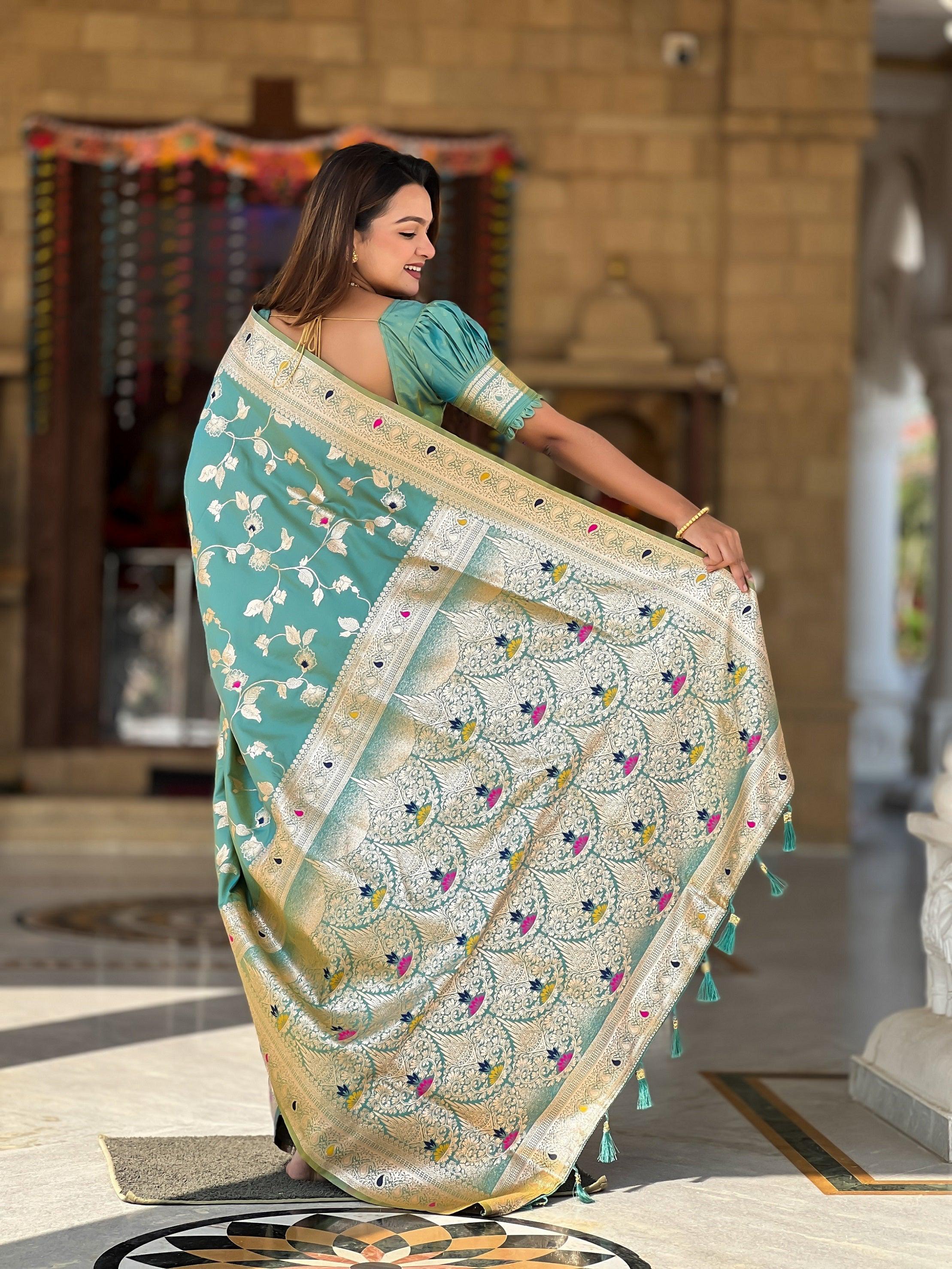 Vedant Vastram Soft Litchi Silk Banarasi Silk Jacquard Saree - Pista | Grocsy