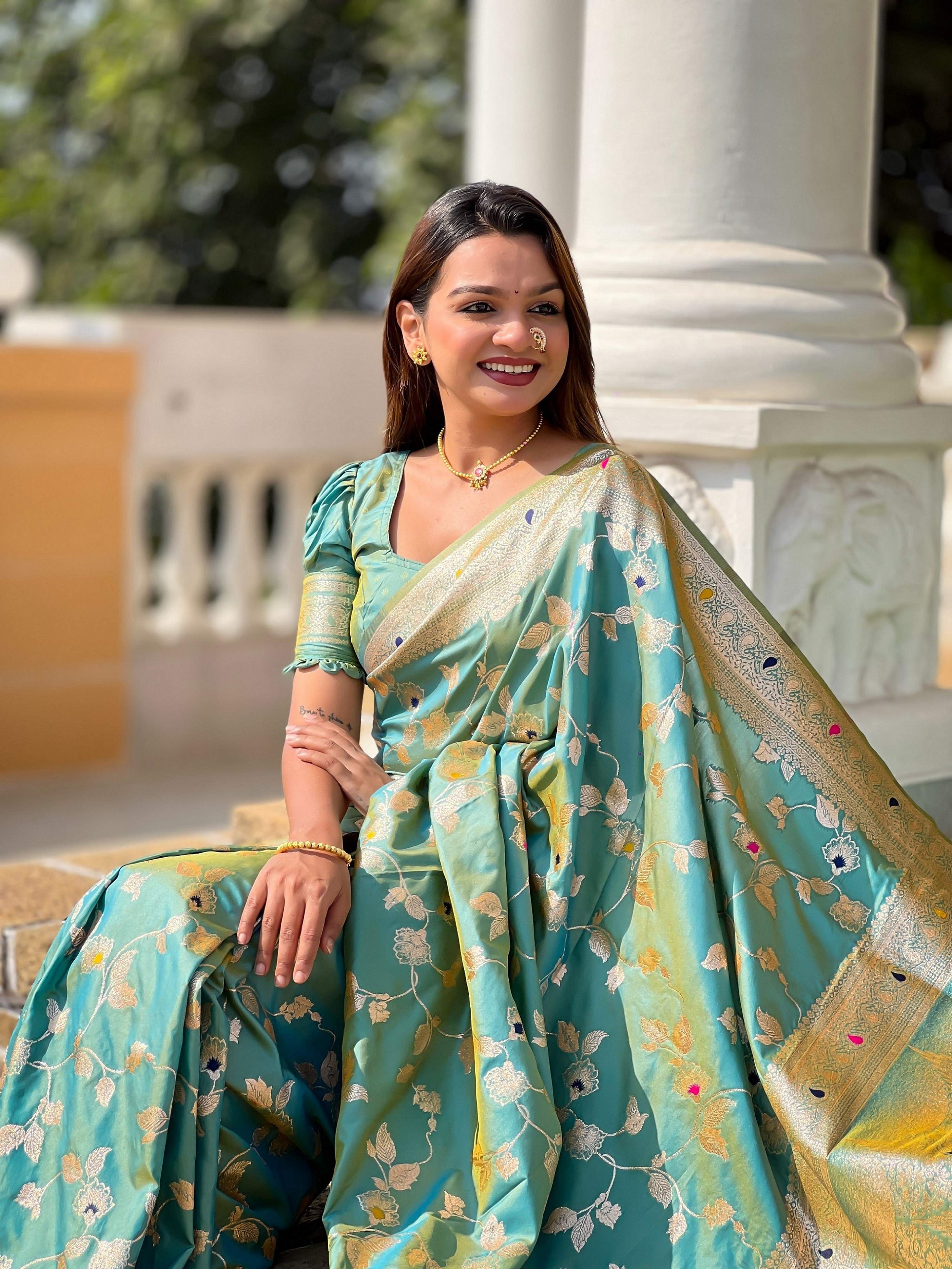 Vedant Vastram Soft Litchi Silk Banarasi Silk Jacquard Saree - Pista | Grocsy