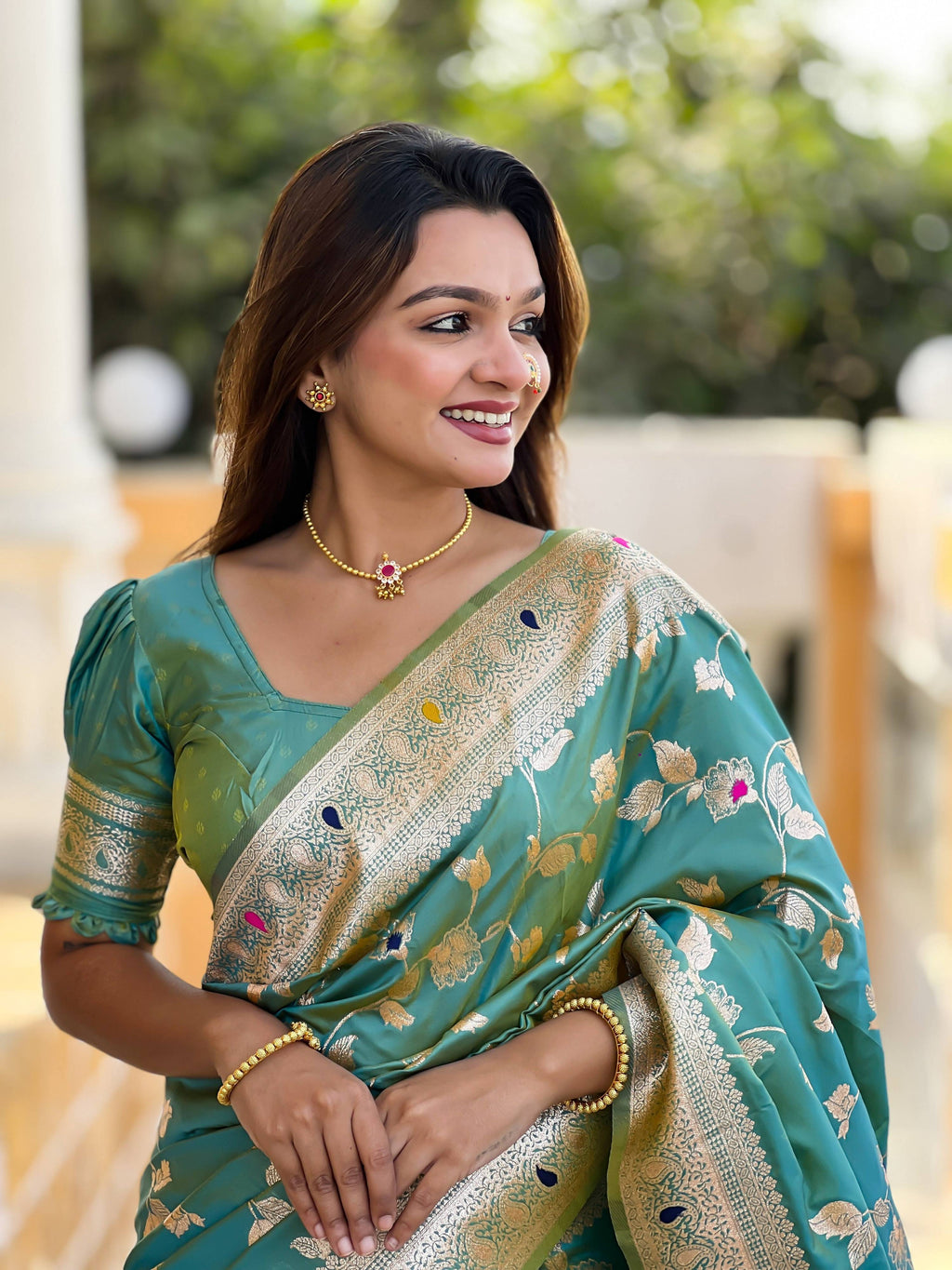 Vedant Vastram Soft Litchi Silk Banarasi Silk Jacquard Saree - Pista | Grocsy