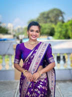 Vedant Vastram Soft Litchi Silk Banarasi Silk Jacquard Saree - Violet | Grocsy