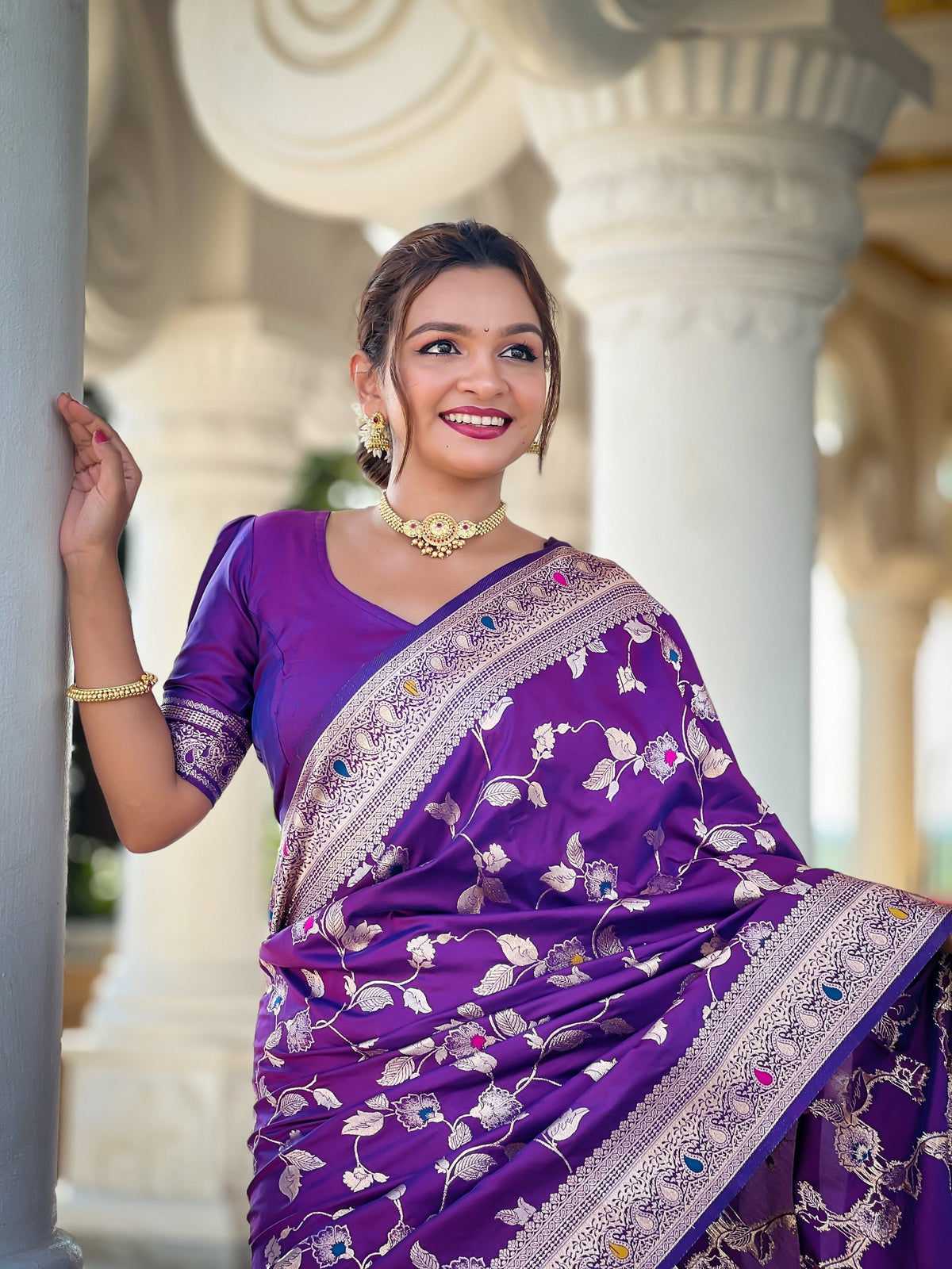 Vedant Vastram Soft Litchi Silk Banarasi Silk Jacquard Saree - Violet | Grocsy