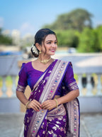 Vedant Vastram Soft Litchi Silk Banarasi Silk Jacquard Saree - Violet | Grocsy