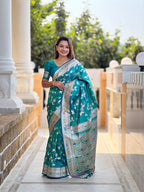 Vedant Vastram Soft Litchi Silk Banarasi Silk Jacquard Saree - Rama | Grocsy