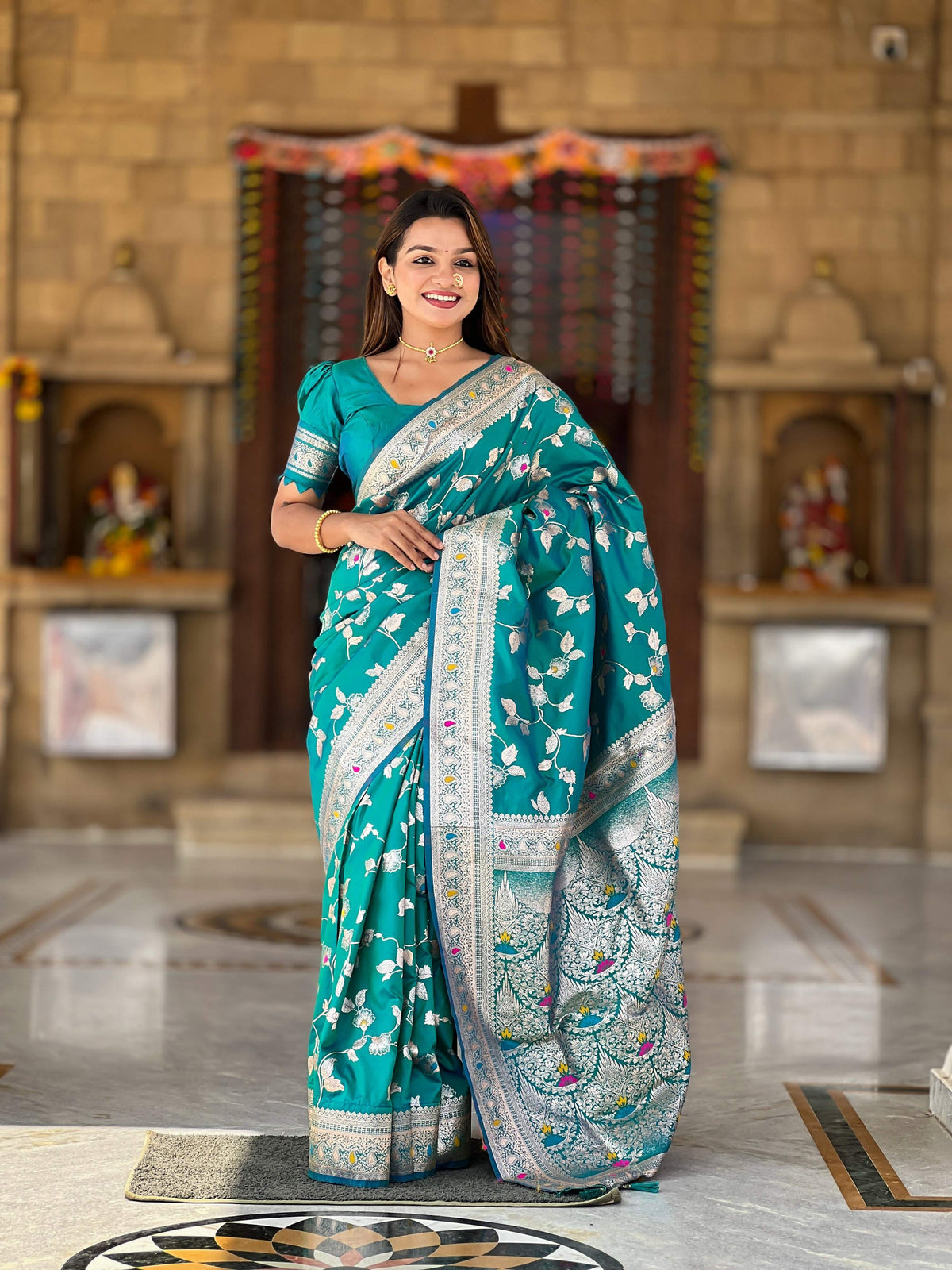 Vedant Vastram Soft Litchi Silk Banarasi Silk Jacquard Saree - Rama | Grocsy