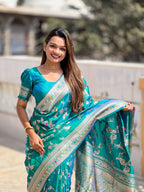 Vedant Vastram Soft Litchi Silk Banarasi Silk Jacquard Saree - Rama | Grocsy