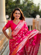 Vedant Vastram Soft Litchi Silk Banarasi Silk Jacquard Saree - Rani | Grocsy
