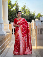 Vedant Vastram Soft Litchi Silk Banarasi Silk Jacquard Saree - Red | Grocsy