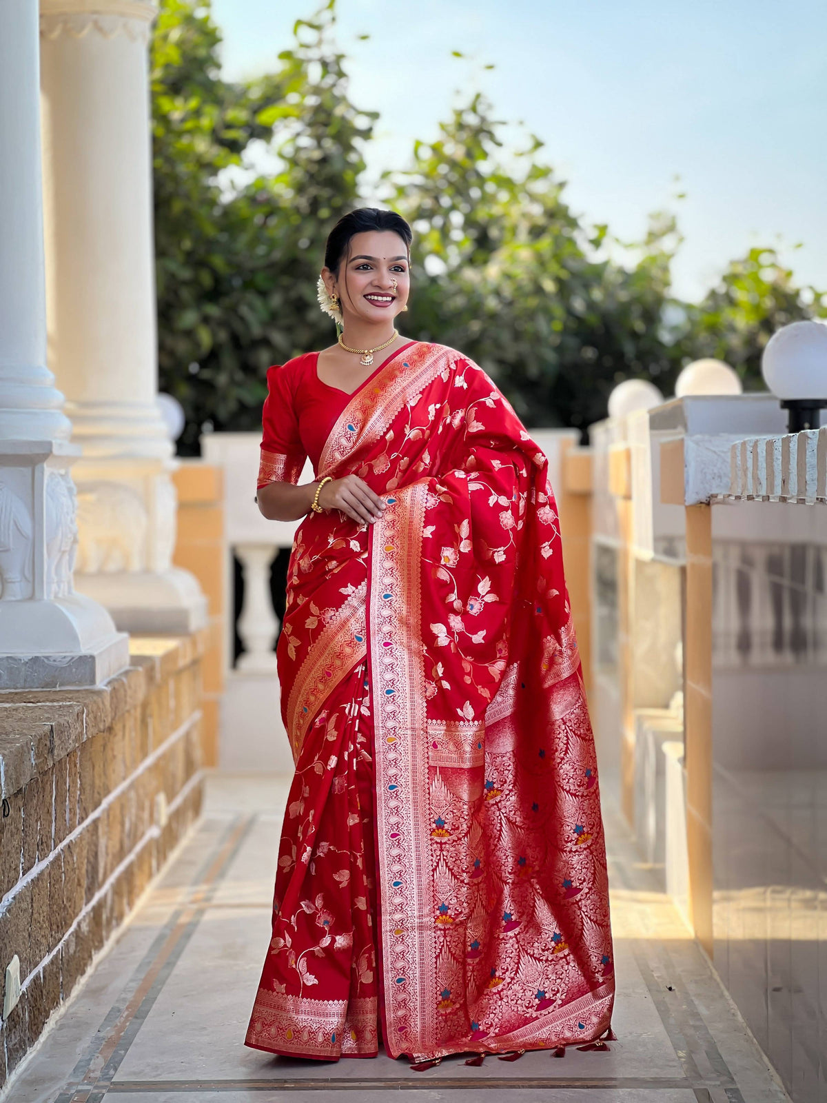 Vedant Vastram Soft Litchi Silk Banarasi Silk Jacquard Saree - Red | Grocsy