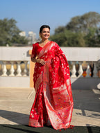 Vedant Vastram Soft Litchi Silk Banarasi Silk Jacquard Saree - Red | Grocsy