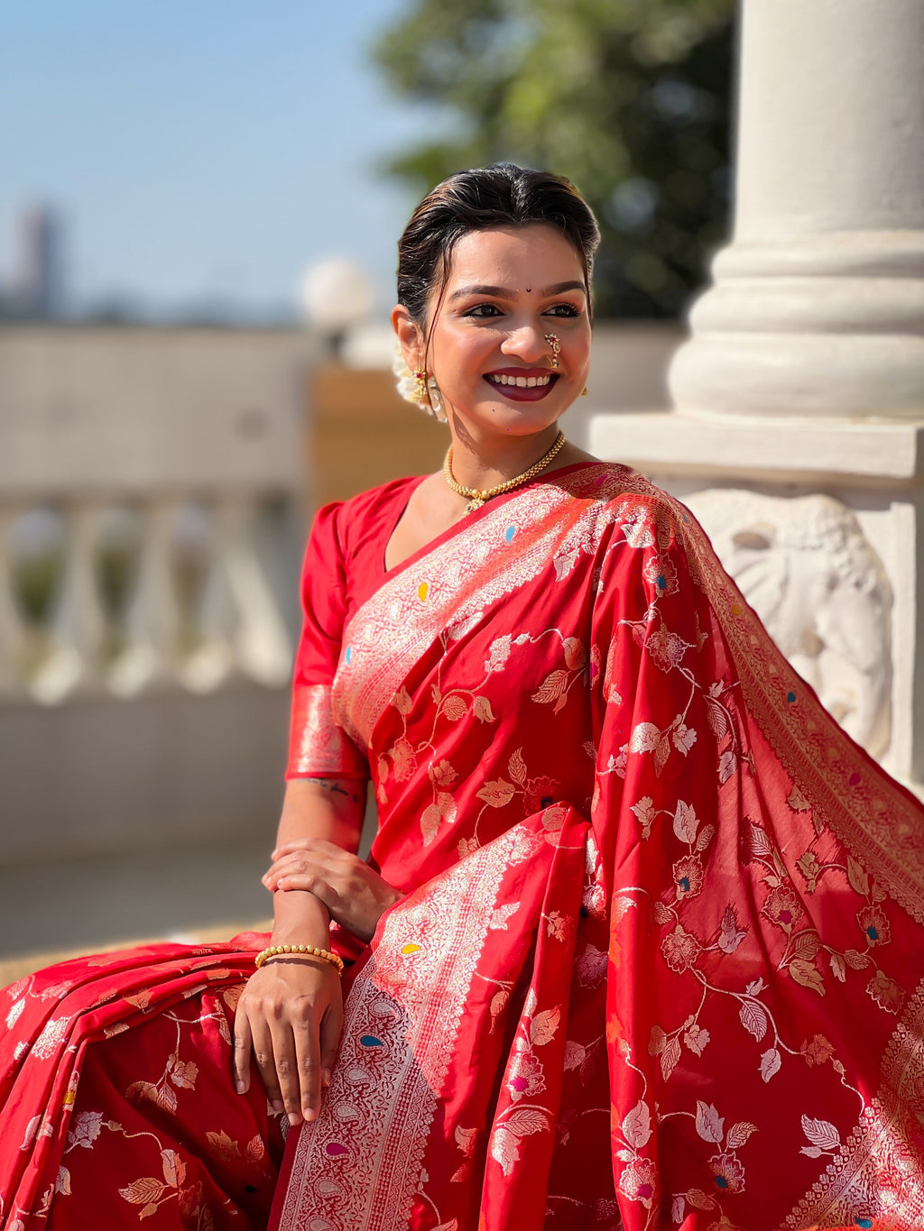 Vedant Vastram Soft Litchi Silk Banarasi Silk Jacquard Saree - Red | Grocsy