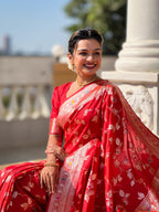 Vedant Vastram Soft Litchi Silk Banarasi Silk Jacquard Saree - Red | Grocsy