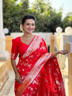 Vedant Vastram Soft Litchi Silk Banarasi Silk Jacquard Saree - Red | Grocsy