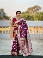 Vedant Vastram Soft Litchi Silk Banarasi Silk Jacquard Saree - Wine | Grocsy
