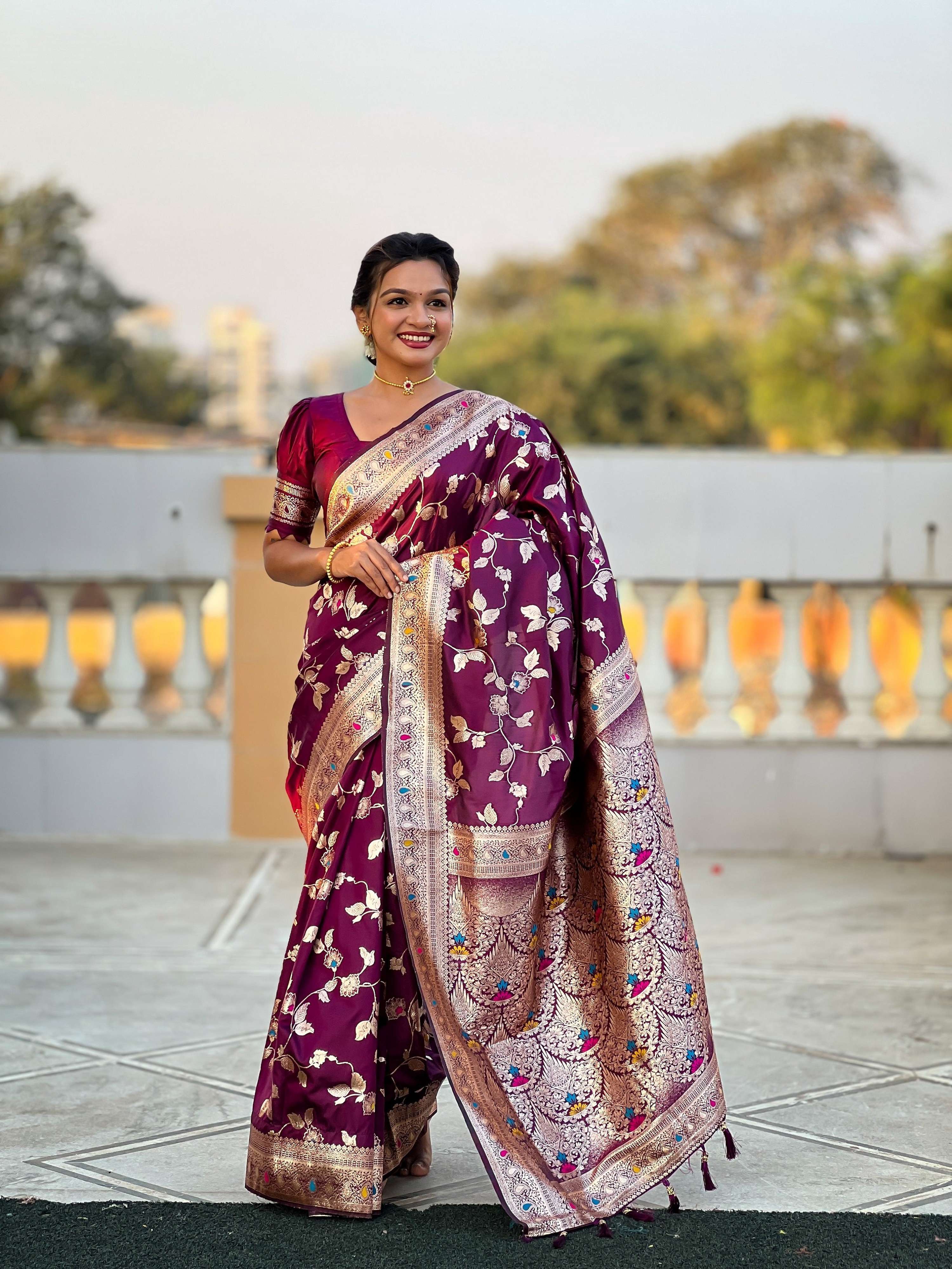 Vedant Vastram Soft Litchi Silk Banarasi Silk Jacquard Saree - Wine | Grocsy