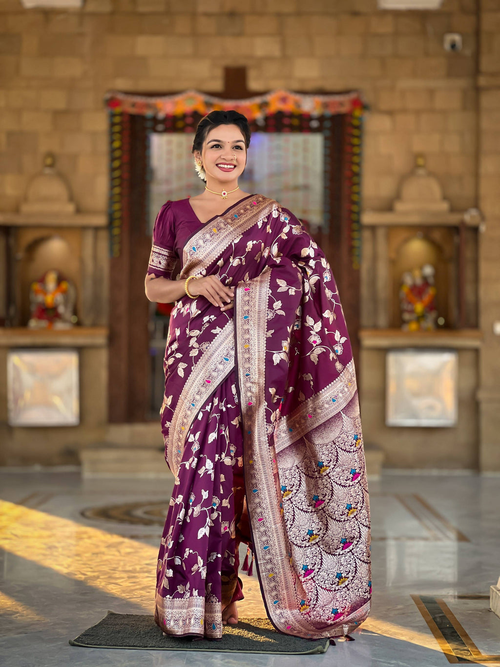 Vedant Vastram Soft Litchi Silk Banarasi Silk Jacquard Saree - Wine | Grocsy