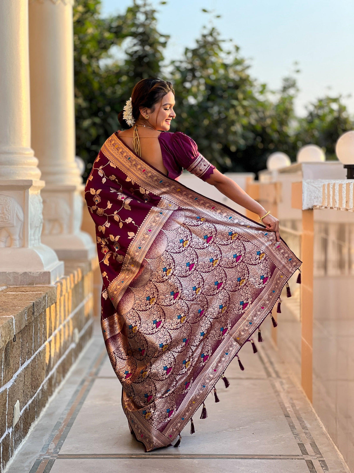 Vedant Vastram Soft Litchi Silk Banarasi Silk Jacquard Saree - Wine | Grocsy