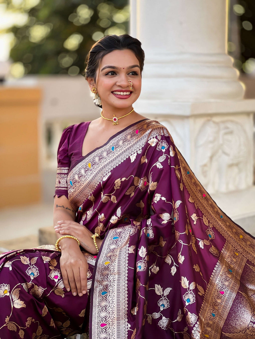 Vedant Vastram Soft Litchi Silk Banarasi Silk Jacquard Saree - Wine | Grocsy