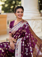 Vedant Vastram Soft Litchi Silk Banarasi Silk Jacquard Saree - Wine | Grocsy
