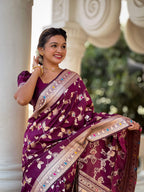 Vedant Vastram Soft Litchi Silk Banarasi Silk Jacquard Saree - Wine | Grocsy
