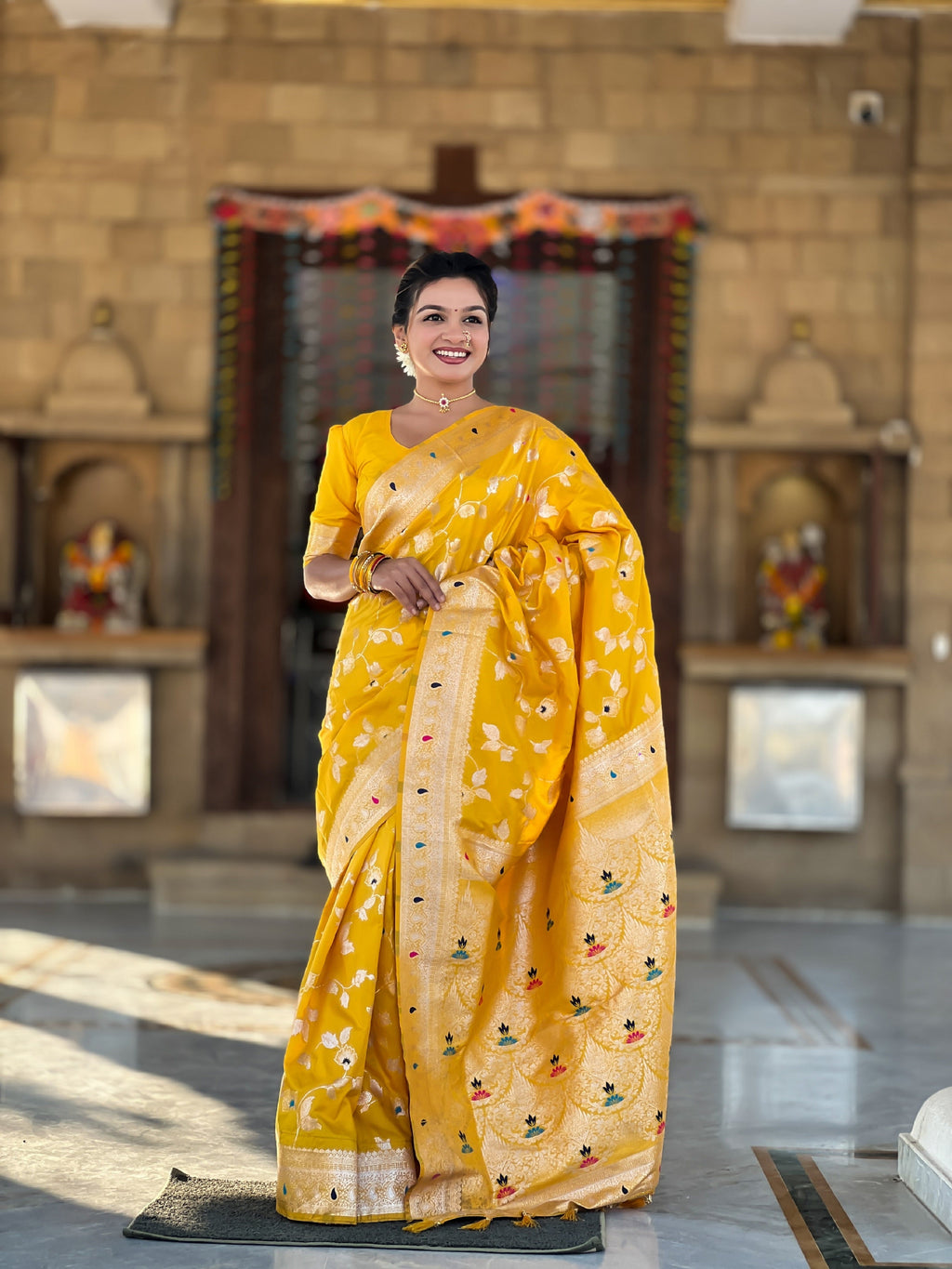 Vedant Vastram Soft Litchi Silk Banarasi Silk Jacquard Saree - Yellow | Grocsy