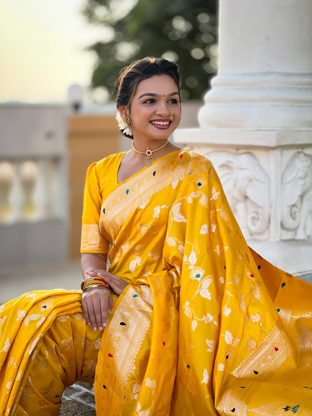 Vedant Vastram Soft Litchi Silk Banarasi Silk Jacquard Saree - Yellow | Grocsy