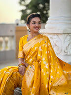 Vedant Vastram Soft Litchi Silk Banarasi Silk Jacquard Saree - Yellow | Grocsy