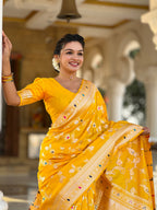 Vedant Vastram Soft Litchi Silk Banarasi Silk Jacquard Saree - Yellow | Grocsy