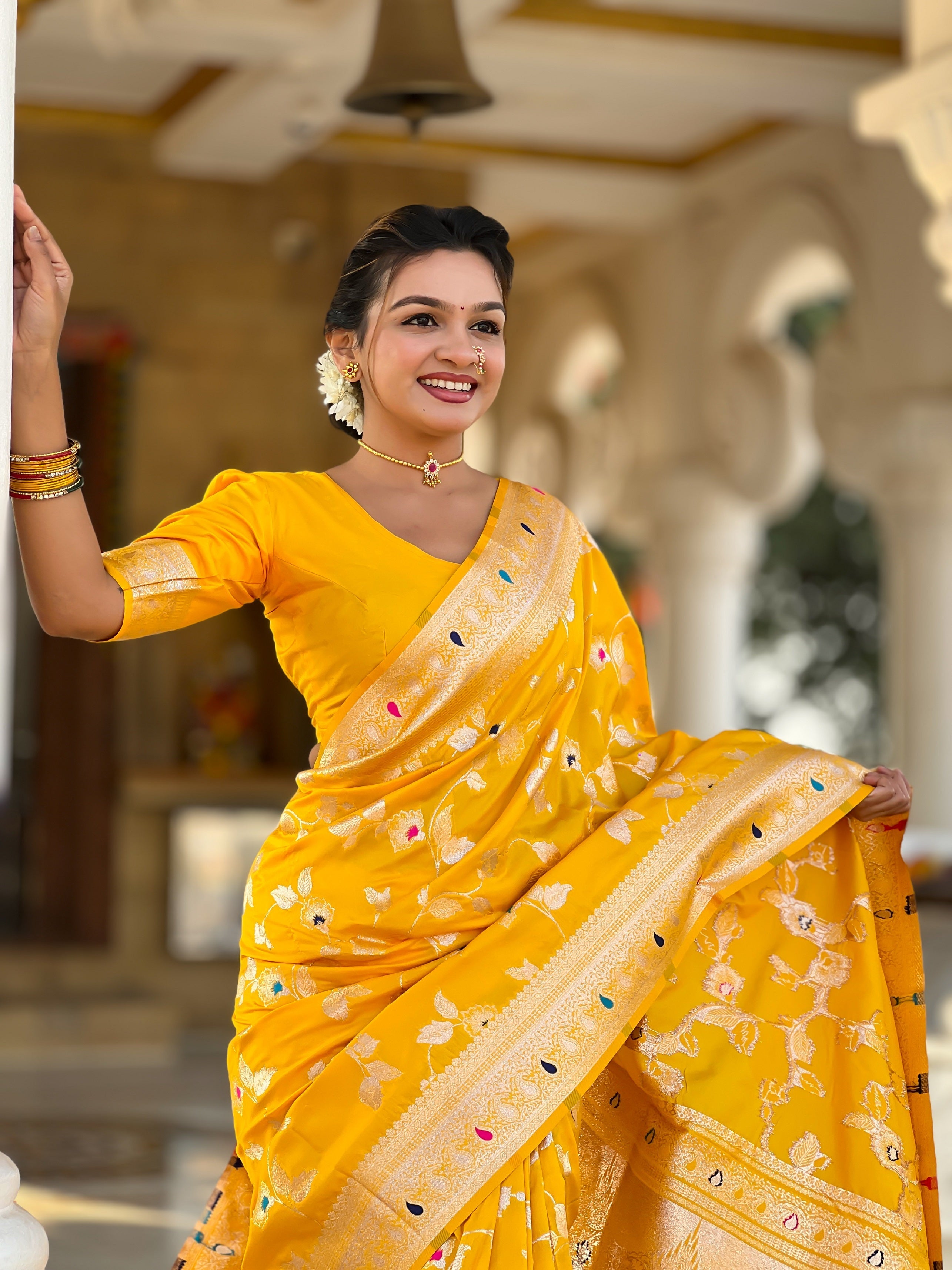 Vedant Vastram Soft Litchi Silk Banarasi Silk Jacquard Saree - Yellow | Grocsy