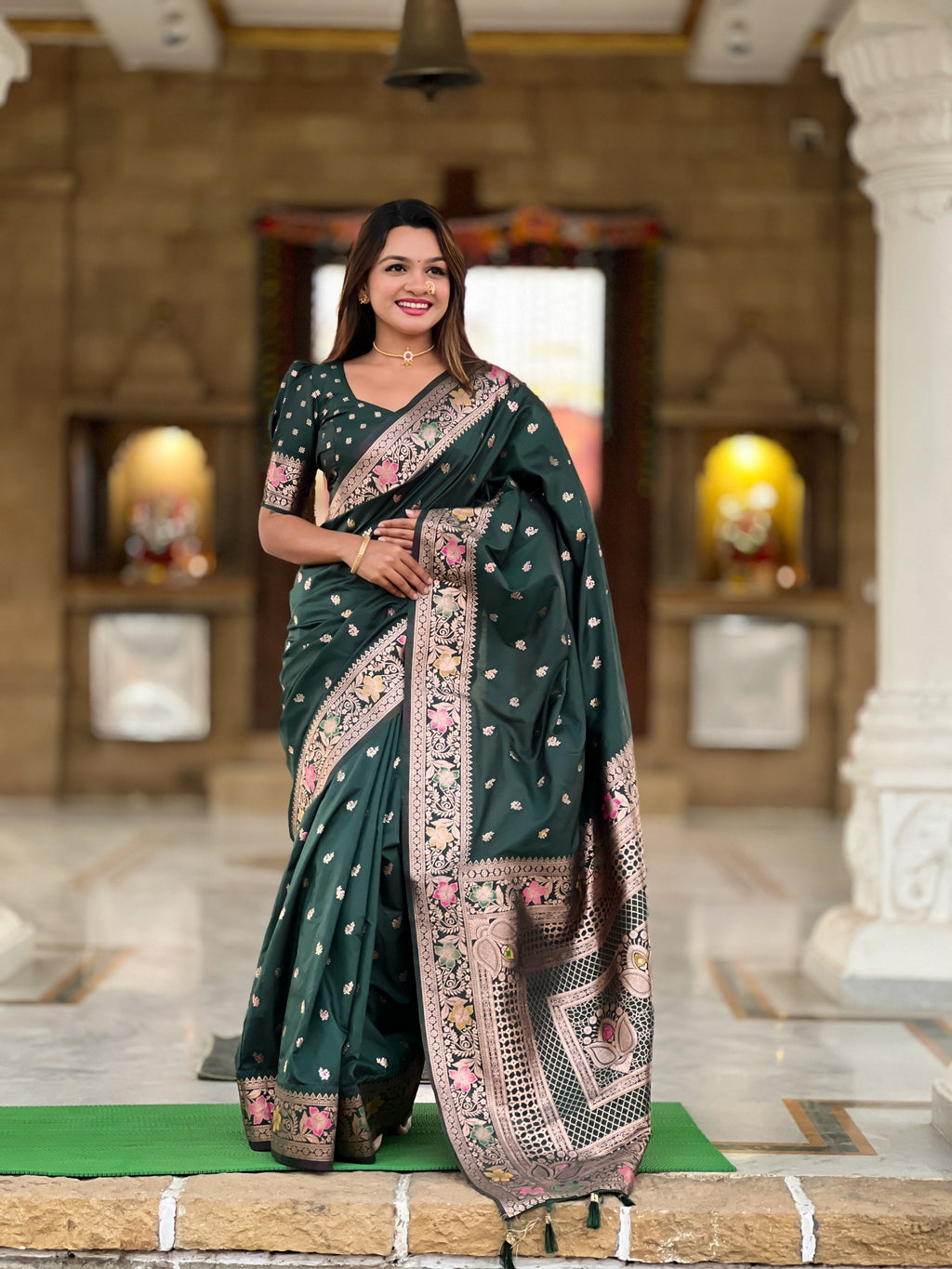 Vedant Vastram Soft Litchi Silk Banarasi Silk Jacquard Saree - Green | Grocsy