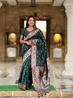 Vedant Vastram Soft Litchi Silk Banarasi Silk Jacquard Saree - Green | Grocsy