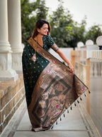 Vedant Vastram Soft Litchi Silk Banarasi Silk Jacquard Saree - Green | Grocsy