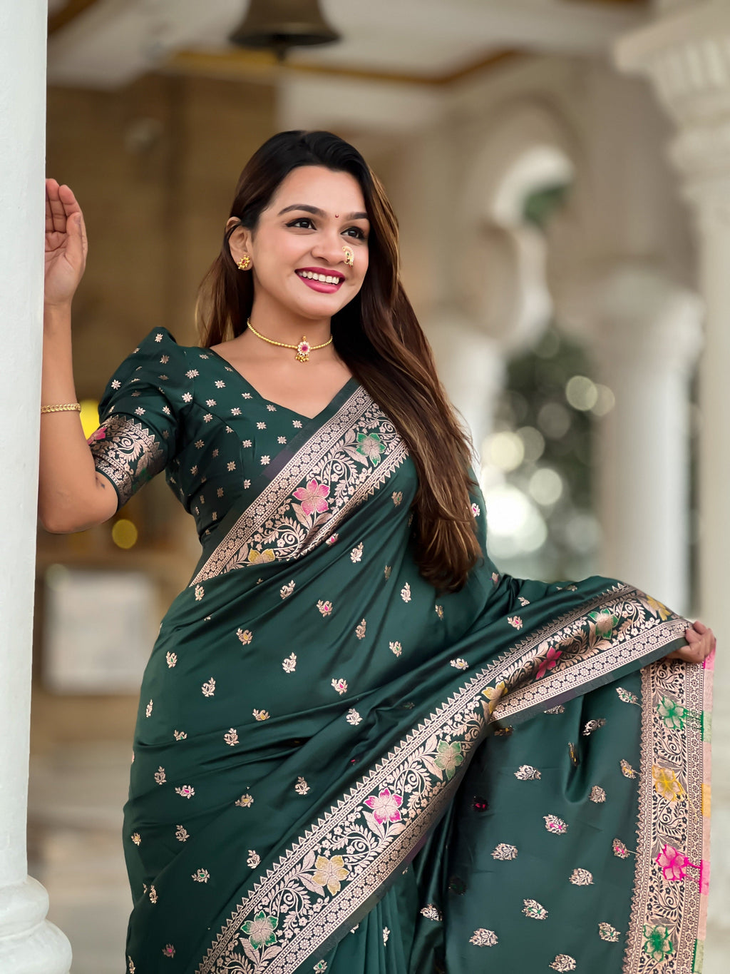Vedant Vastram Soft Litchi Silk Banarasi Silk Jacquard Saree - Green | Grocsy