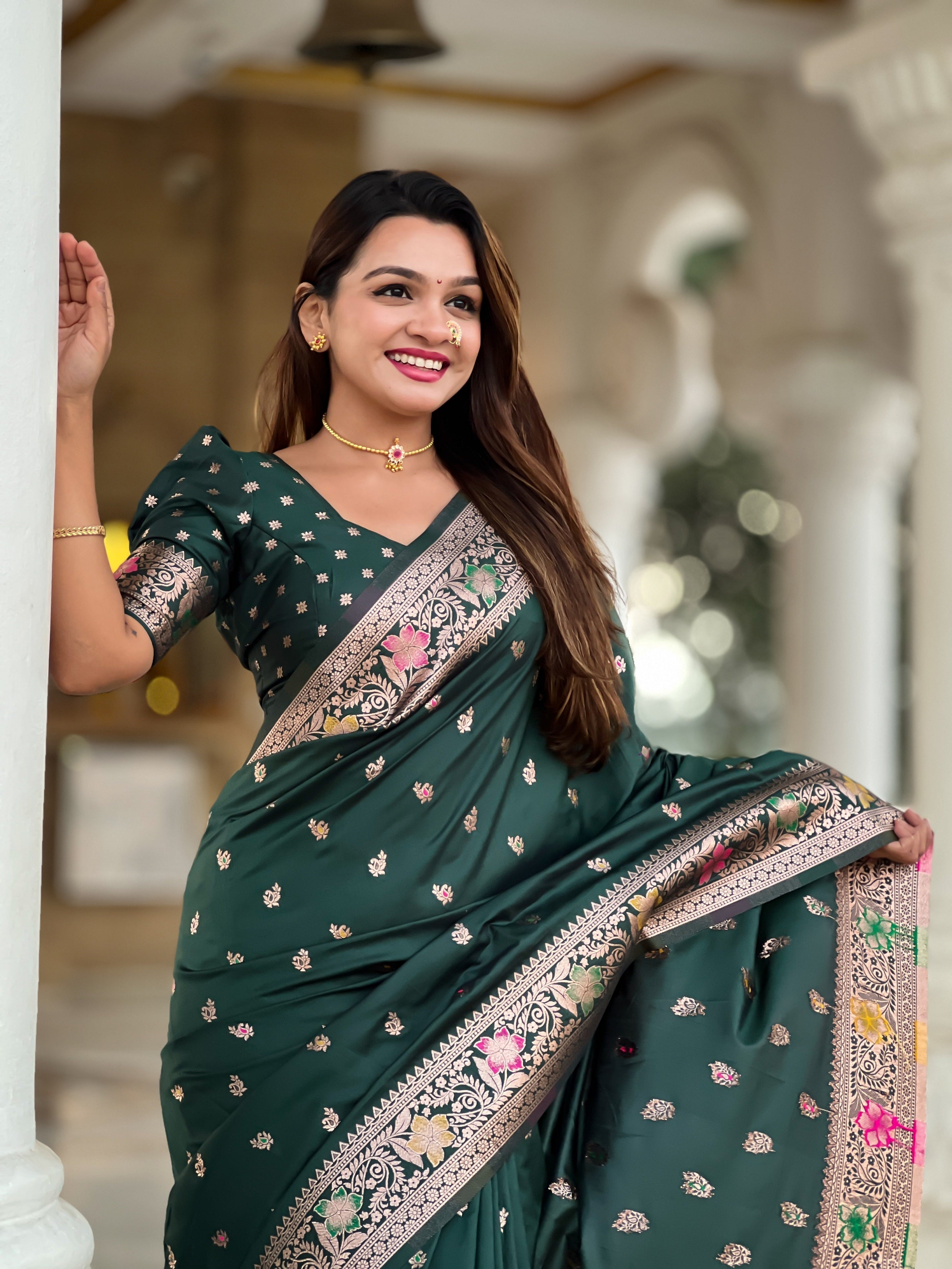 Vedant Vastram Soft Litchi Silk Banarasi Silk Jacquard Saree - Green | Grocsy