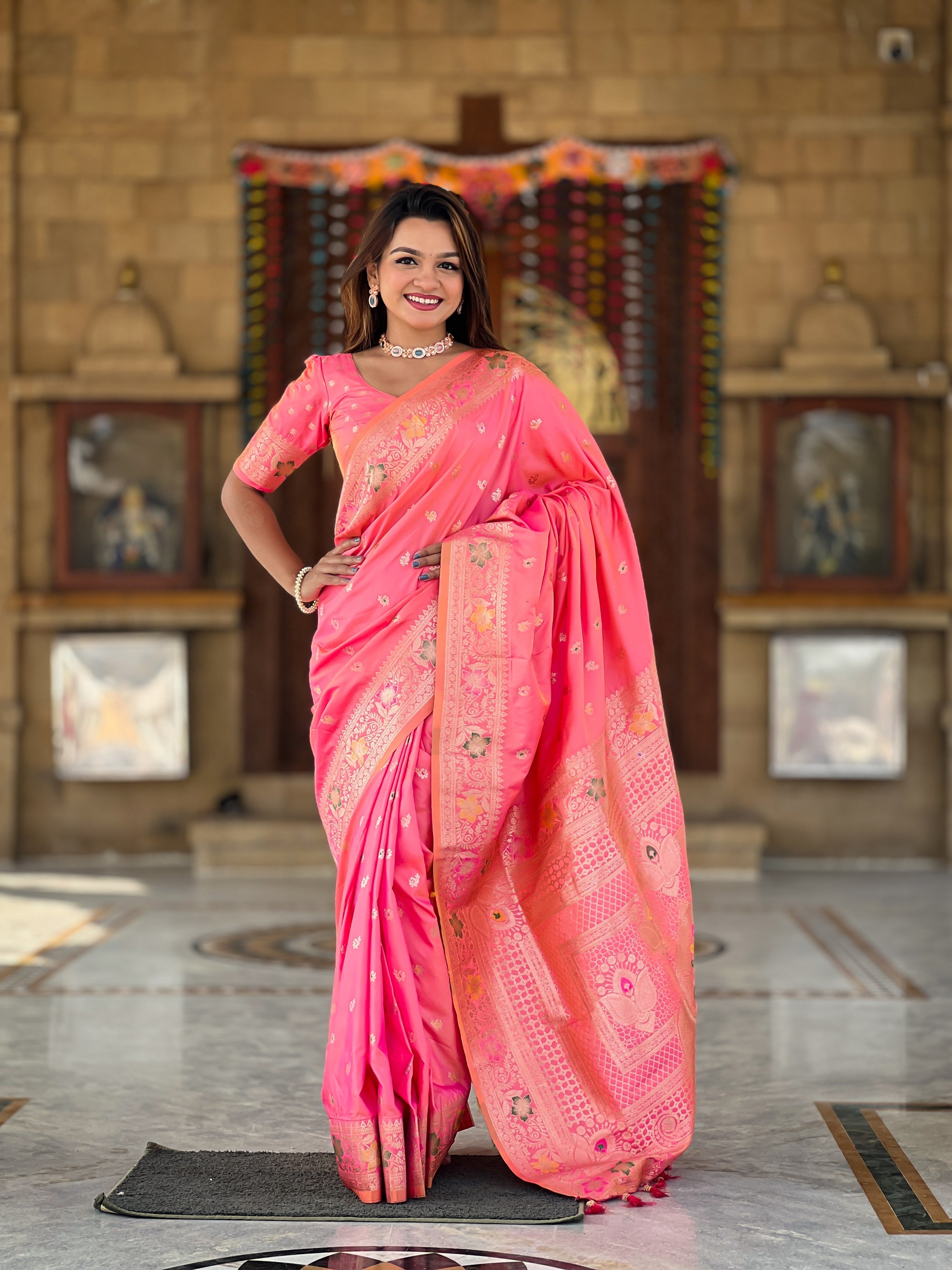 Vedant Vastram Soft Litchi Silk Banarasi Silk Jacquard Saree - Gajri | Grocsy